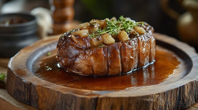 Icelandic Svi Boiled Sheeps Head served a wooden platter HDR lighting capturing the glossy texture and deep browns of the dish rugged Viking era dining setting