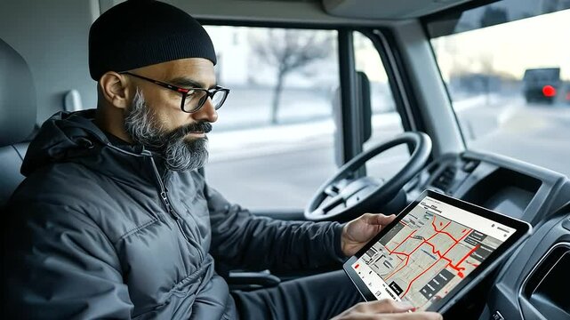 A logistics coordinator using a tablet inside the cab of a truck, optimizing delivery routes as the map on the screen highlights red traffic zones and alternate paths to avoid dela