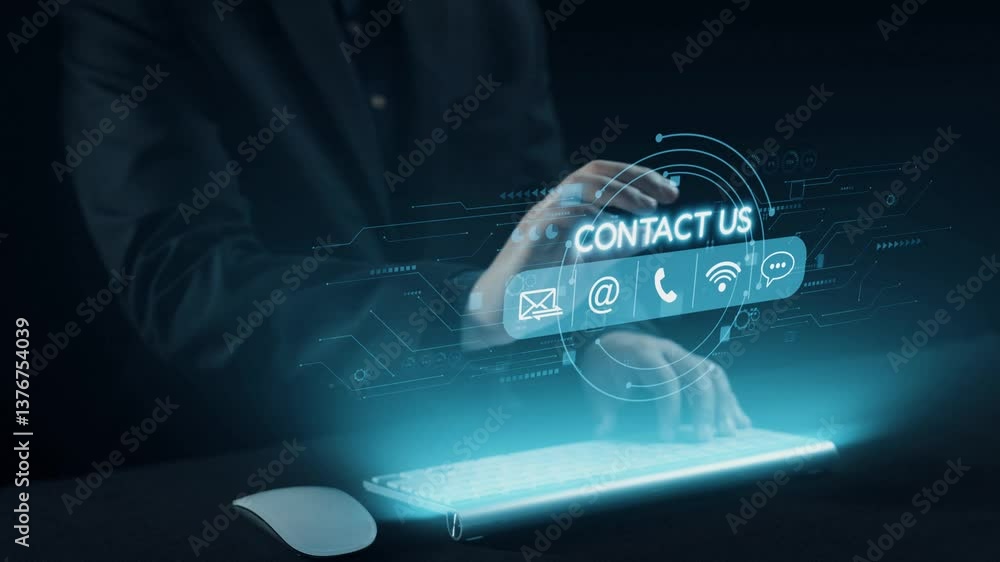Poster a businessman types on a modern keyboard while analyzing a virtual graph showing the relationship be