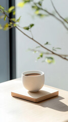 Minimalist morning: ceramic coffee cup on wooden tray by sunlit window with greenery