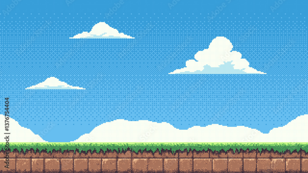 Poster pixel art retro game level, 8 bit 2d video game background, pixel template. vector illustration