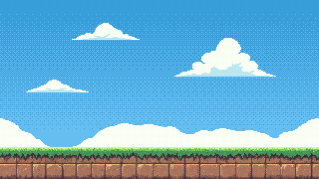pixel art retro game level, 8 bit 2d video game background, pixel template. Vector illustration