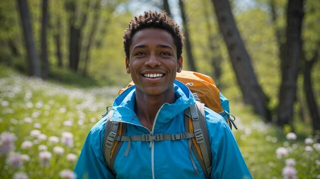positive African American young man with bacpask in nature, spring, nicking