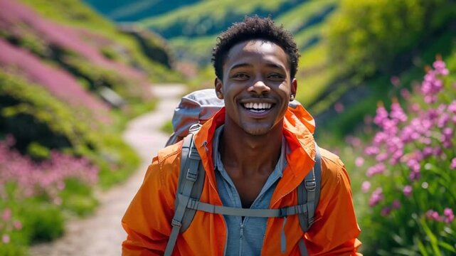 positive African American young man with bacpask in nature, spring, nicking