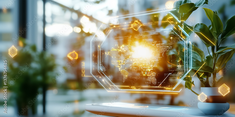Poster digital interface showcases world map with glowing data visualizations. modern workspace surrounded 