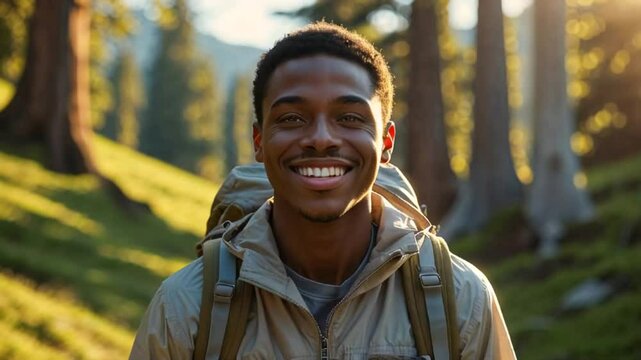 positive African American young man with bacpask in nature, spring, nicking