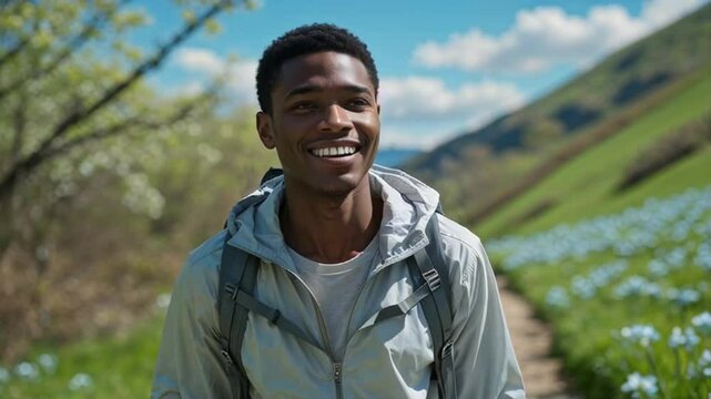 positive African American young man with bacpask in nature, spring, nicking