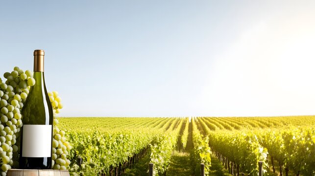 A bottle of wine surrounded by a bunch of fresh grapes capturing the essence of a french vineyard scene