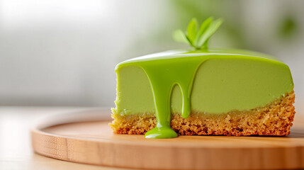 Delicious slice of green matcha cheesecake with crumbly biscuit base and verdant glaze