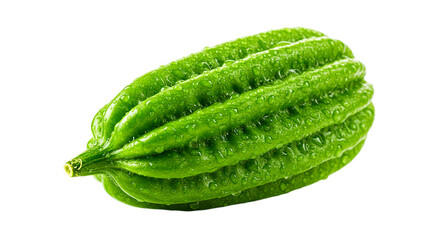 whole, green bitter melon, also known as bitter gourd or karela, with its distinctive warty and ridged exterior, a vegetable used in many Asian cuisines for its unique flavor.