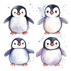 Fototapeta premium Adorable Penguin Quartet: Four charming penguin chicks, rendered in a whimsical watercolor style, stand side-by-side against a backdrop of soft, blue watercolor splatter.