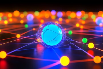 Neon network sphere amidst colorful nodes on black background