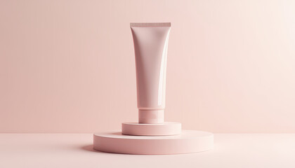 Sleek Pink Cream Tube on Circular Pedestal | Minimalist Pastel Background | Concept of Beauty Branding, Cosmetic Packaging, Luxury Product Mockups
