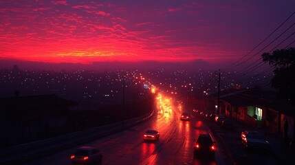 Nightfall cityscape, illuminated road with cars, vibrant red sky