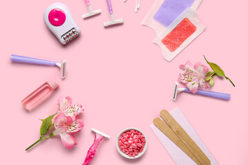 Frame made of different accessories for hair removal on pink background