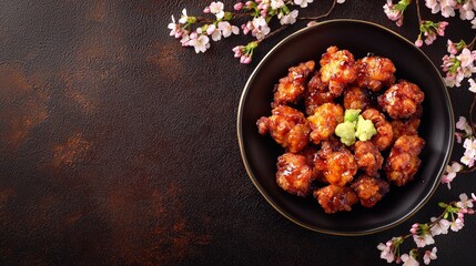 Japanese food Karaage Dish top view on a dark brown background