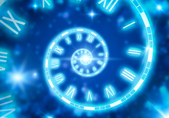 Clock face twisted in spiral on blue background. Time concept