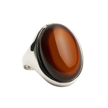 Traditional akik ring with polished oval agate gemstone isolated on white background