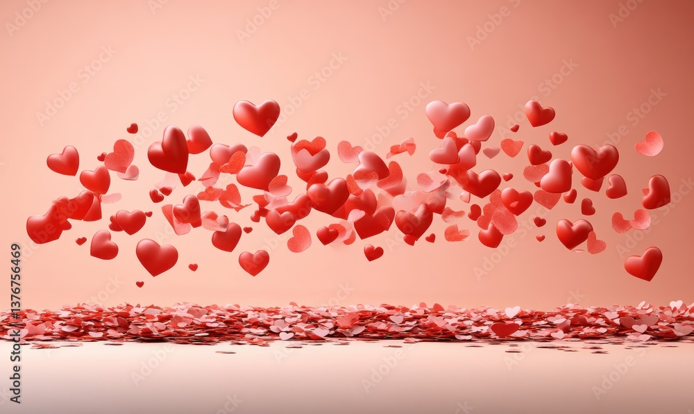 Poster numerous red hearts float and accumulate on a soft pink ground, creating a romantic and festive atmo