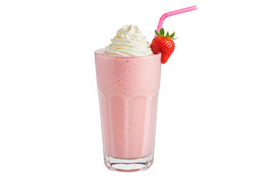 A Pink Strawberry Milkshake with Whipped Cream and a Straw