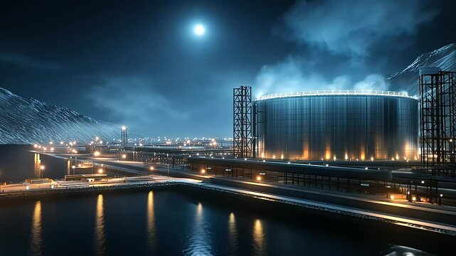 A sprawling energy complex at night, with the towering LNG storage tank glistening under spotlights, its reflective steel shell contrasting beautifully with the dark sky and intric