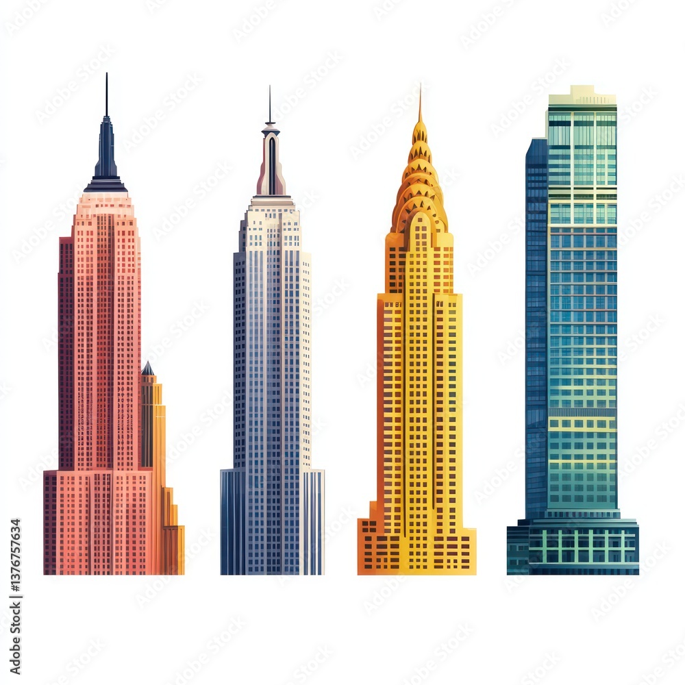 Poster a collection of iconic skyscrapers, each showcasing unique architectural styles and designs. the ima