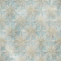 Grunge concrete wall with ornaments and prints. Colorful ceramic wall tiles decoration. Abstract damask patchwork background