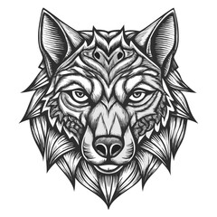 Obraz premium Intricate Wolf Portrait: A detailed, artistic illustration of a wolf's face, showcasing the beauty and strength of this majestic creature, rendered in monochromatic shades and intricate design.
