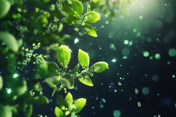 Green leaves illuminated by soft light create a serene atmosphere in a natural setting