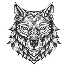 Fototapeta premium Majestic Wolf: A detailed monochrome illustration of a wolf's head, the artwork showcases intricate patterns. The wolf, depicted with an intense gaze, epitomizes the raw, untamed essence of the wild.
