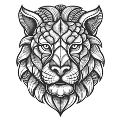 Obraz premium Lion Head in Decorative Style: A highly detailed line drawing of a lion's head, showcasing an intricate and ornate design with a focus on precision and symmetry. It evokes power, regality.