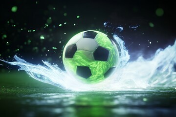 Glowing soccer ball in dynamic motion with neon green light effects