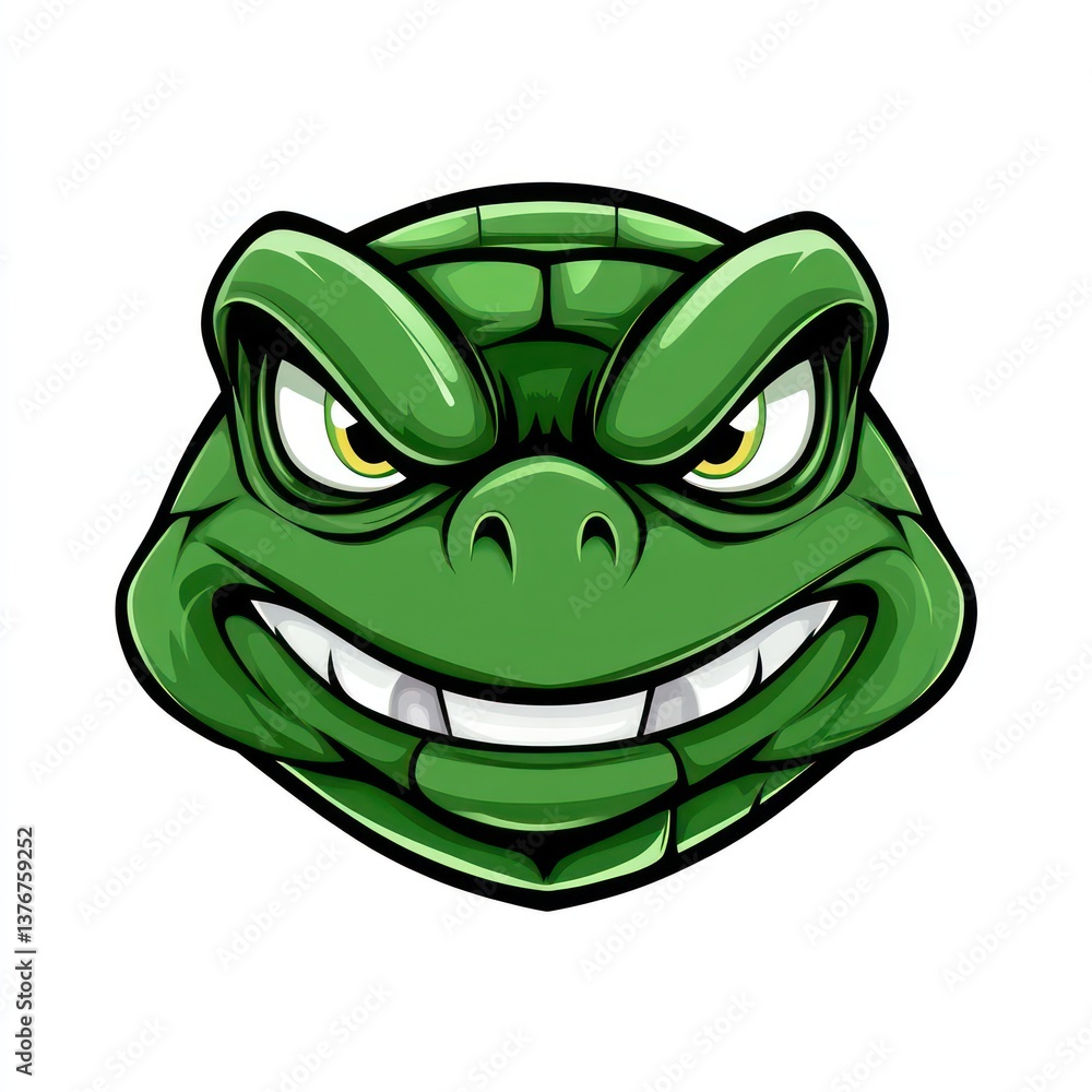 Poster a cartoon image of a determined green turtle with a menacing grin