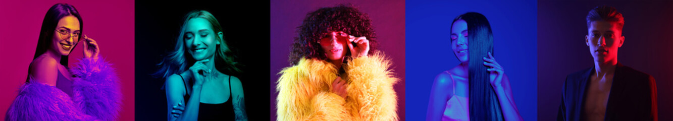 Different people in neon lights, collage of photos