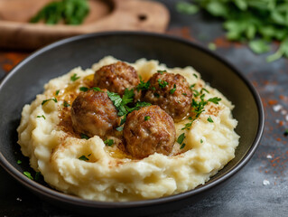 Delicious Meatballs Served Over Creamy Mashed Potatoes With Fresh Parsley Garnish