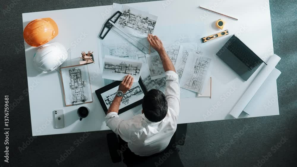Poster top view of skilled engineer selecting material for house design while sitting at meeting table with