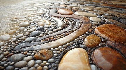 Abstract Stone Mosaic Art Brown Beige Tones Natural Pebble Texture Design Elegant Decorative Background Image High Resolution Detailed Close Up Smooth