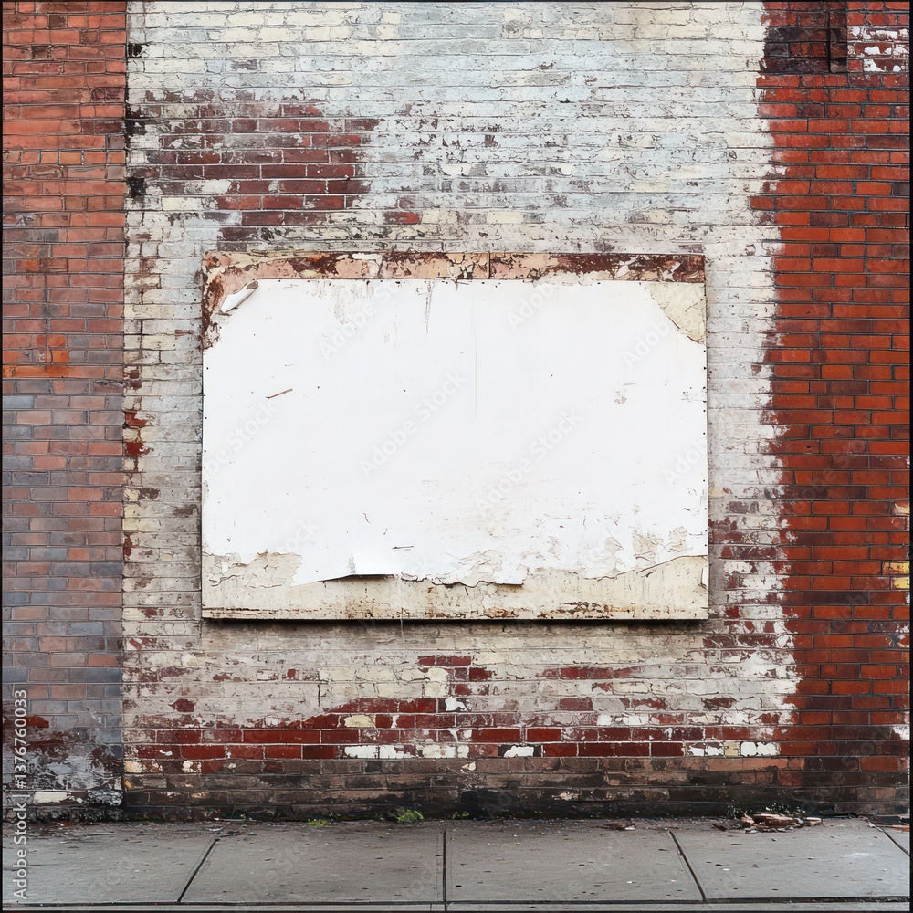 Poster an old building wall showing various textures of bricks with a boarded-up window