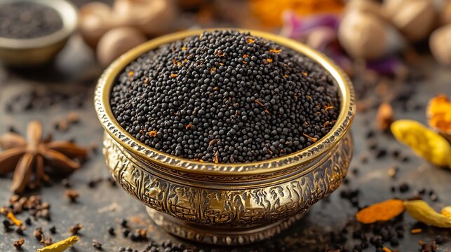 Indian Himalayan Kala Zeera Black Cumin a small ornate dish high key lighting accentuating deep black seeds and vibrant warm spices surrounding it