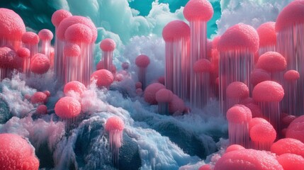 Fantasy dreamscape with pink mushroom forest in surreal world