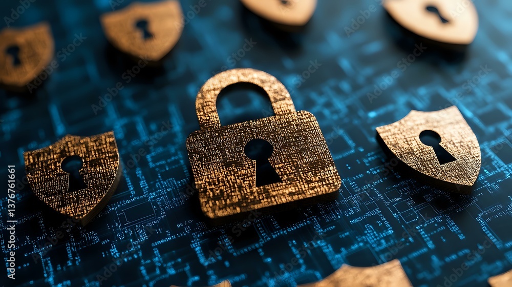 Poster golden padlock and shield symbols on digital circuit background representing cybersecurity, data pro