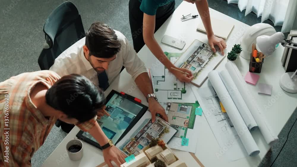 Aufkleber top view of professional architect engineer team writing sticky notes and sticking note at meeting t