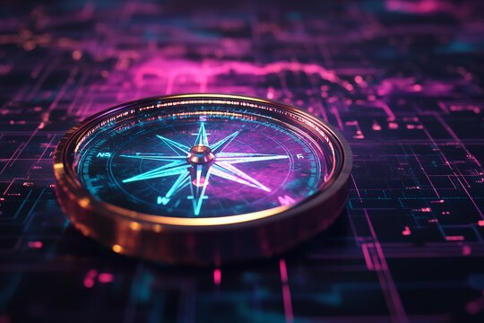 Glowing compass on digital circuit board with neon lighting theme - Powered by Adobe