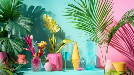 Obraz premium Colorful still life of tropical plants and vases on pastel backdrop