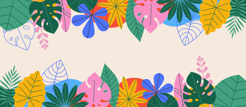 Tropical leaves colorful summer background. Botanical summer frame, banner, poster design with jungle leaves