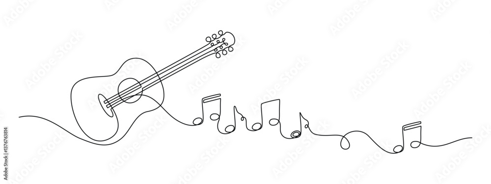 Poster guitar with notes in one continuous line drawing. string musical instrument for orchestra and concer