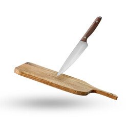 Wooden cutting board and knife in air on white background