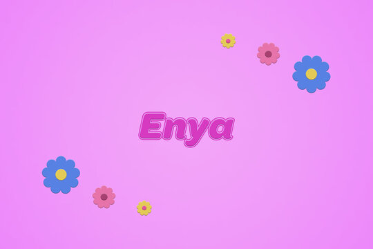 Enya female girl name illustration in pink with blossoms, flowers