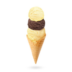 Yummy ice cream served in waffle cone in air on white background
