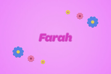 Farah female girl name illustration in pink with blossoms, flowers
